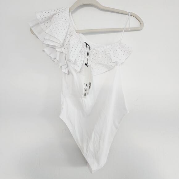 Zara White Asymmetric Ruffle Eyelet Embroidered Neckline Bodysuit Top Size Small - Picture 4 of 8